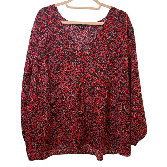 Sanctuary abstract print blouse smocked sleeves button front red black 3X - Picture 2 of 10